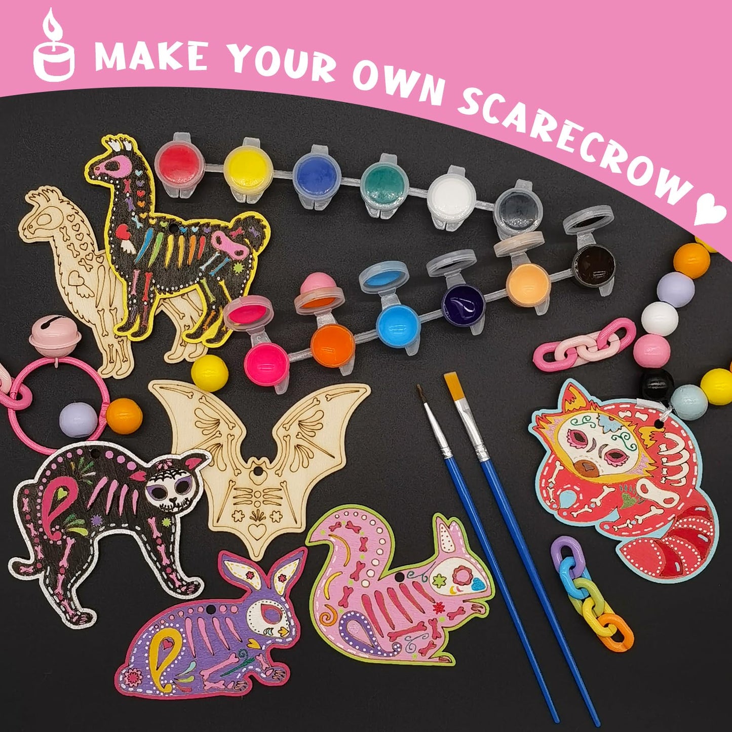 56 Sets Halloween Sugar Skull Crafts Day of Dead Animal Skeleton Unfinished Wooden Ornament DIY Painting Make Your Own Dia De Los Muertos Decorations Mexican Fiesta Blank Cutout Hanging Slices