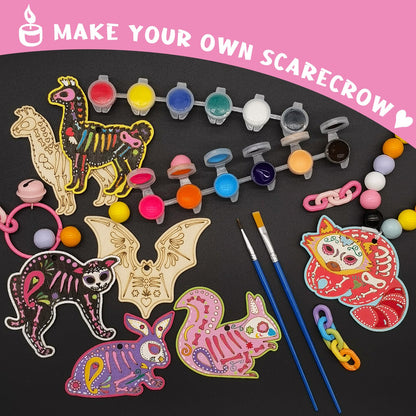 56 Sets Halloween Sugar Skull Crafts Day of Dead Animal Skeleton Unfinished Wooden Ornament DIY Painting Make Your Own Dia De Los Muertos Decorations Mexican Fiesta Blank Cutout Hanging Slices