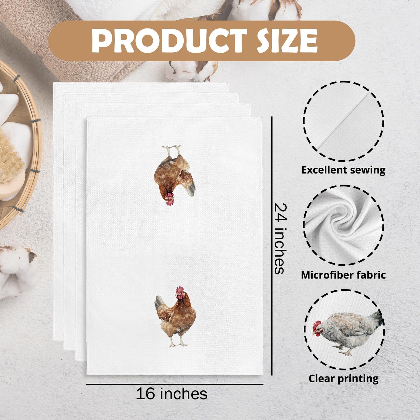 GWFSJYU Chicken Decor Kitchen Towels Set of 4, Farm Animal Rooster Dish Tea Towels for Kitchen, Chicken Gifts for Women,Farmhouse Chickens Decorative Hand Towel for Bathroom, 16x24 Inch