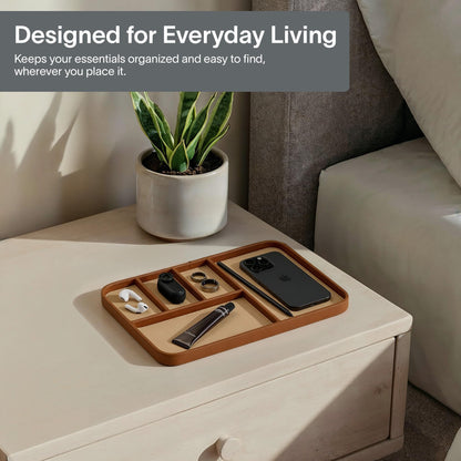 Nordik Leather Valet Tray - Sand Brown - 11.8x7.9 Inch Large Vegan Leather Tray - Stylish Nightstand Organizer for Men - Modern Bedside Caddy - EDC Catchall for Key Watch Wallet Jewellery