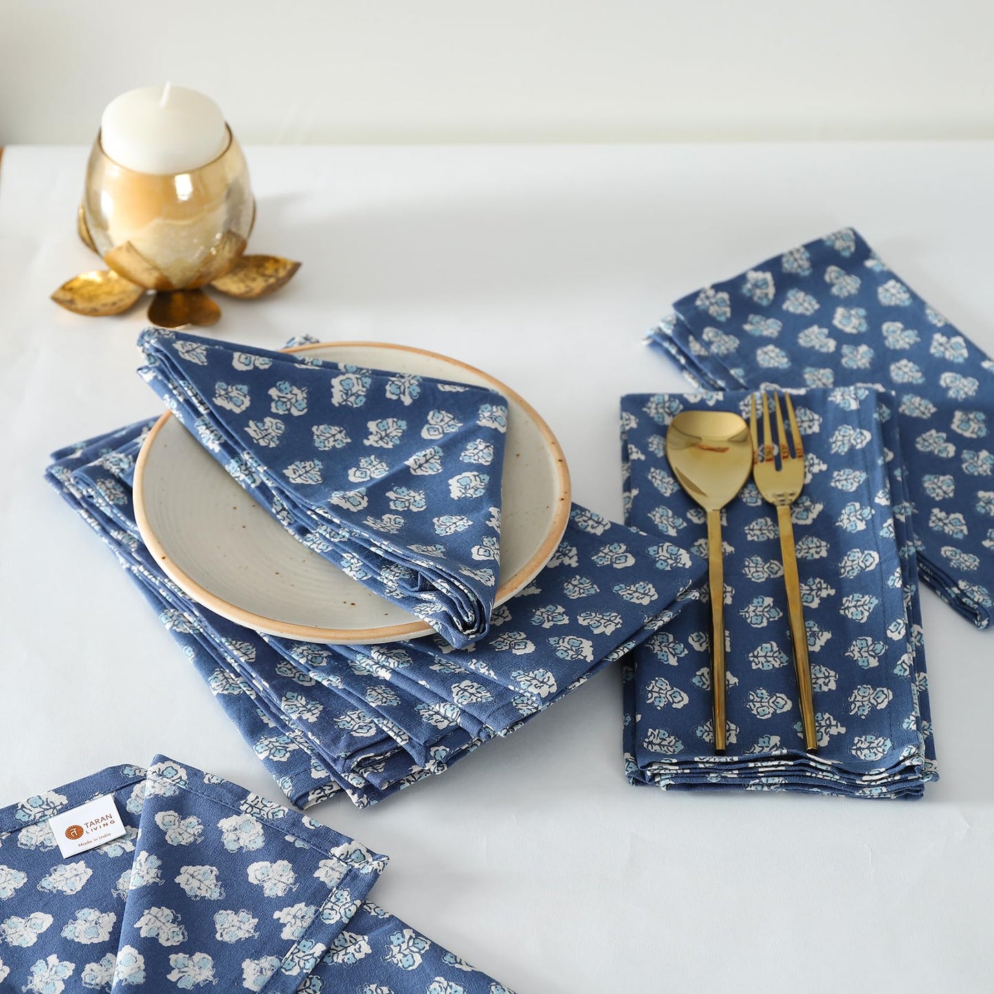 Taran Living Cloth Napkins Set of 12, Printed Floral Blue Fall Dinner Napkins, Soft Washable Table Napkins for HaloweenThanksgiving Christmas Parties Holiday Farhouse Décor, 18x 18