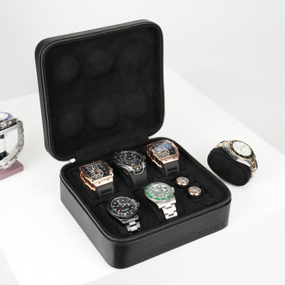 SYENS Real Genuine Leather Watch Travel Case 6 Watches Box, Suitable for all Watches and Smartwatches under 60mm Storage Organizer for Man and Women (6W-Z-BBL)