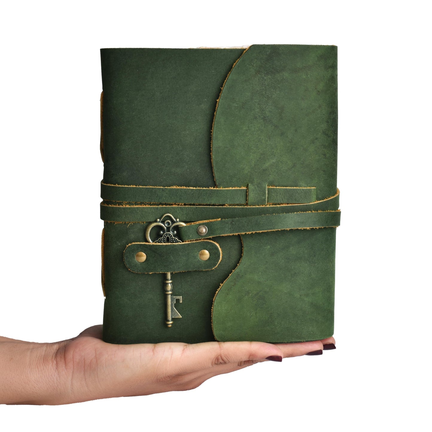 LEATHER VILLAGE Vintage Leather Journal – 200 Handmade Vintage Deckle Edge Paper – Leather bound Journal For Women Men – Vintage Key Closure - Book of Shadows - Green - 8X6 inches (A5)