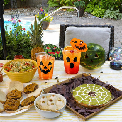 FoldTier 24 Set 12oz Summer Halloween Plastic Cups with Drink Umbrella Picks Bulk Halloween Cups with Cocktail Umbrella Stirrers Jack O Lantern Ghost Design for Trick or Treat Boo Party Supplies