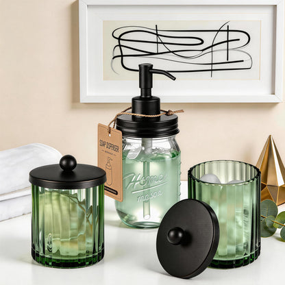 Amolliar Sage Green Glass Apothecary Jar, Qtip Holder Dispenser for Cotton Swabs, Balls, Makeup Pads, Floss Picks, Bathroom Essential Accessories, Countertop Canister Storage Organizer (Black, 4 Pack)