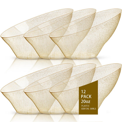 bUCLA 12 Pack Gold Glitter Plastic Serving Bowls - 20 OZ Disposable Snack, Fruit, Chip, Candy Angled Serving Bowls for Party & Thanksgiving