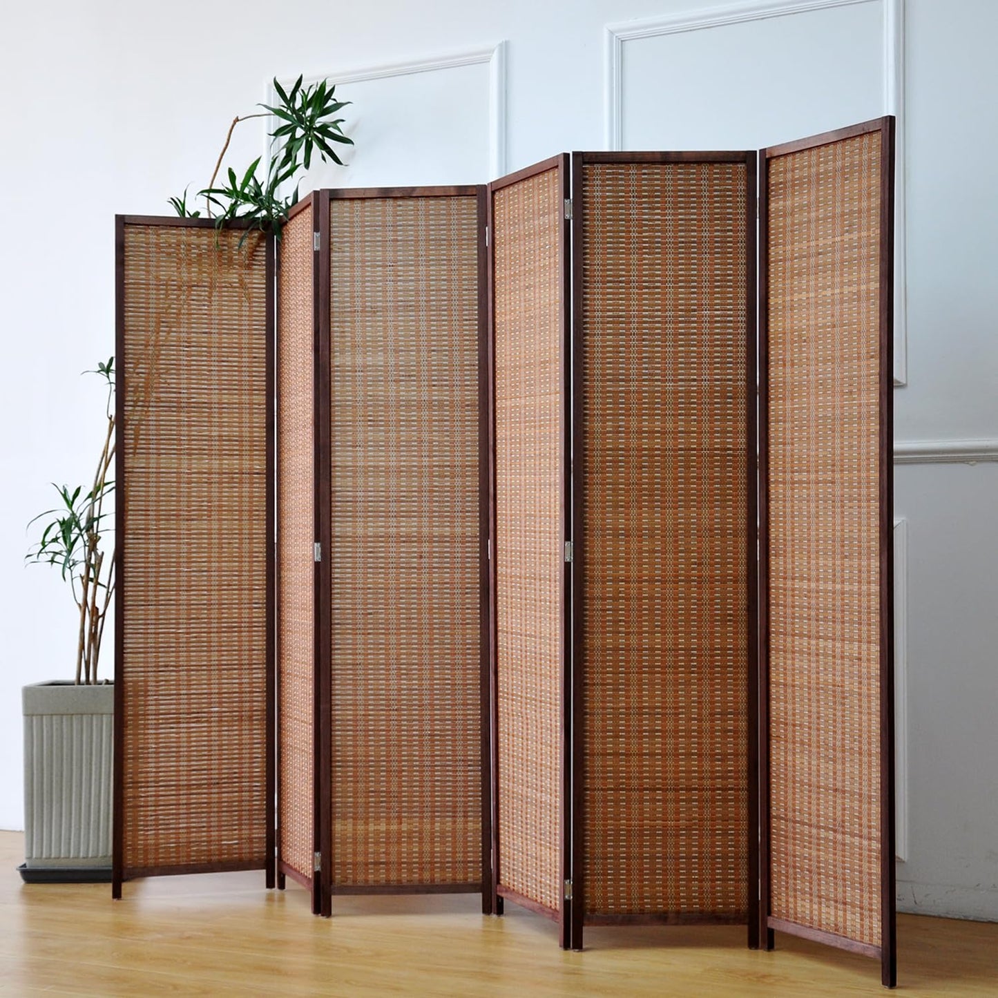 Furnnylane 6 Panel Bamboo Room Divider - 5.6 ft Tall Folding Privacy Screen for Room Separation, Natural Brown Freestanding Partition Wall for Home Office (67" H x 92.1" W)