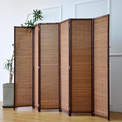 Furnnylane 6 Panel Bamboo Room Divider - 5.6 ft Tall Folding Privacy Screen for Room Separation, Natural Brown Freestanding Partition Wall for Home Office (67" H x 92.1" W)