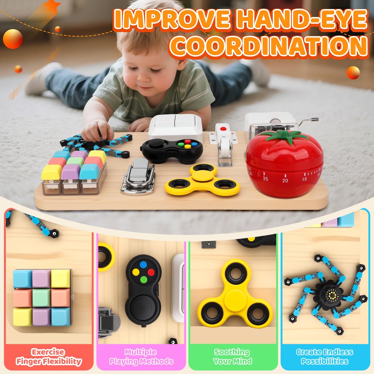 Busy Board Toy for Toddlers, 11 in 1 Wooden Montessori Educational Fidget Sensory Toy for Stress Relief, Activity Board Desk Gadget for Kids Preschool Learning, Car Airplane Travel Birthday Gift 11"