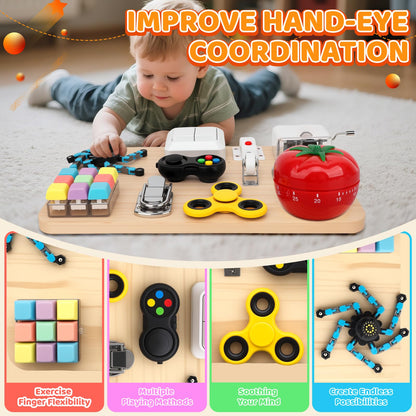 Busy Board Toy for Toddlers, 11 in 1 Wooden Montessori Educational Fidget Sensory Toy for Stress Relief, Activity Board Desk Gadget for Kids Preschool Learning, Car Airplane Travel Birthday Gift 11"