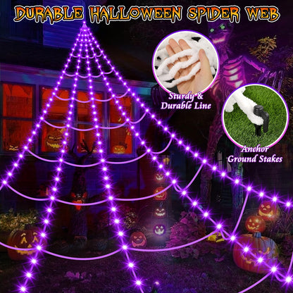 Halloween Spider Web Lights 250 LED: 19.68Ft Outdoor Web Halloween Decorations with Purple Lights - Halloweens Decor Light with 8 Modes Waterproof & Timer for Outdoor Indoor Yard Haunted House
