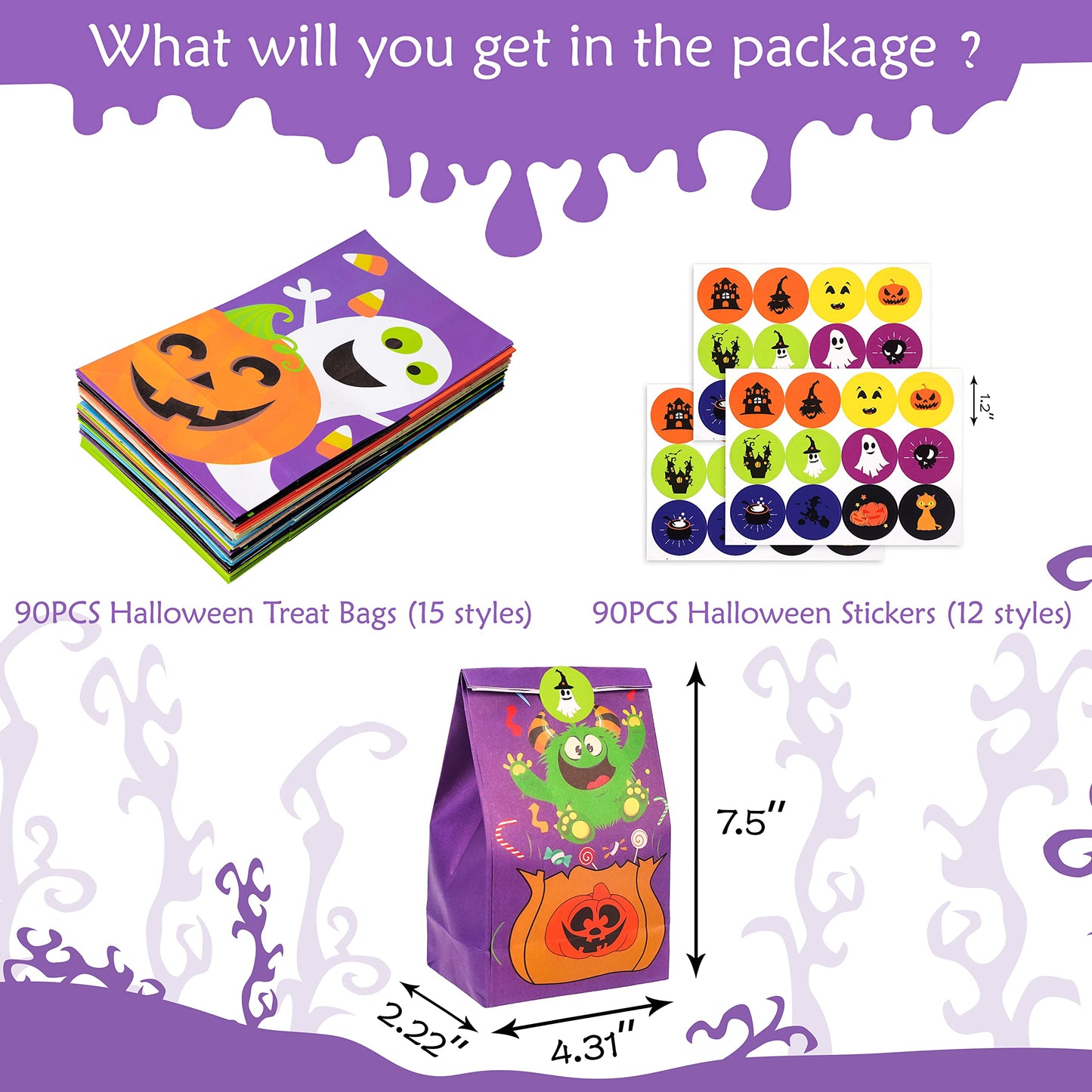 90shine 90PCS Halloween Treat Bags Party Favors - Trick or Treat Candy Goodie Gift Bag Stuffer Filler Paper Supplies Decorations with 90 Stickers