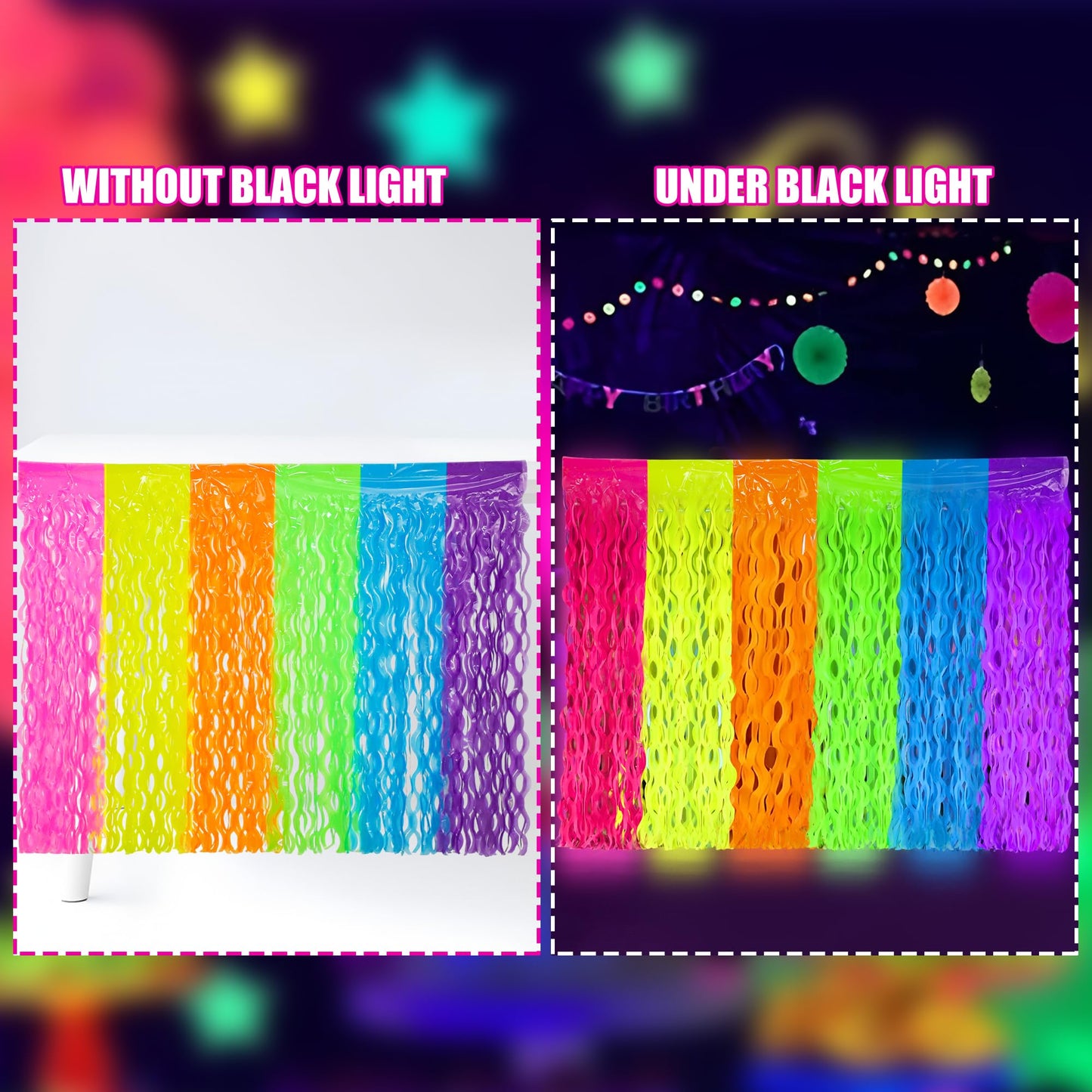 4 Pack Neon Tinsel Foil Fringe Table Skirts 108 x 29.5 Inch Glow in The Dark Party Table Decoration UV Reactive Fluorescent Wavy Tables Skirt for Glow Birthday Wedding Supplies Neon Party Decor