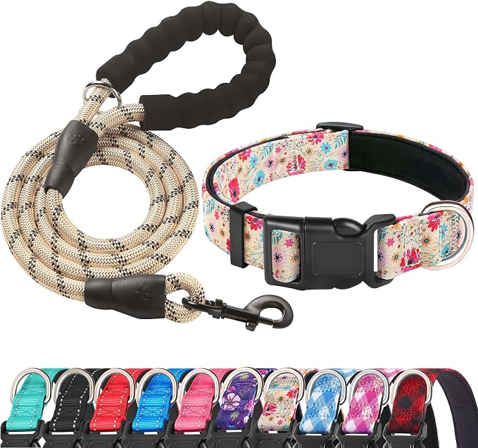 Ladoogo Reflective Dog Collar Padded with Soft Neoprene Breathable Adjustable Nylon Dog Collars for Small Medium Large Dogs (Small (Pack of 1), Vanila/Pink Floral Collar+Leash)