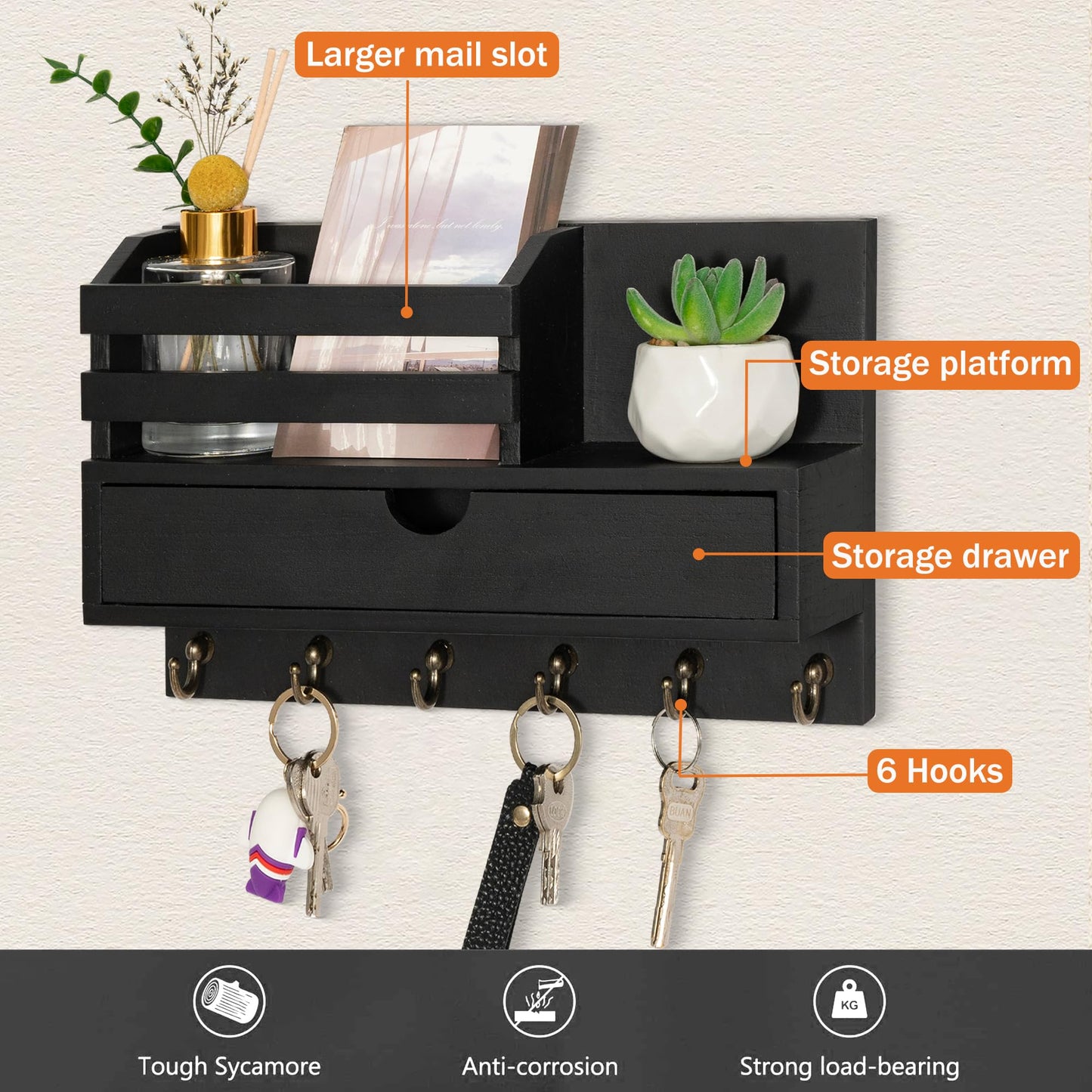 dreampossible Key and Mail Holder for Wall, Mail Organizer Wall Mount with 6 Hooks and Storage Drawer, Wooden Key Rack Hanger with Shelf for Entryway and Home Decor