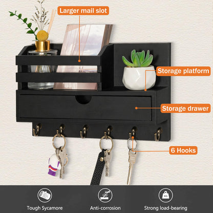 dreampossible Key and Mail Holder for Wall, Mail Organizer Wall Mount with 6 Hooks and Storage Drawer, Wooden Key Rack Hanger with Shelf for Entryway and Home Decor