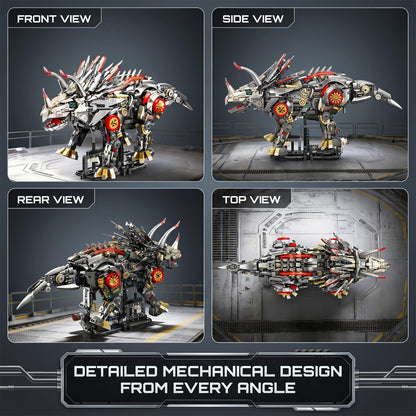 Myth Qholve Mechanical Triceratops Building Set with LED Lights, Engine & Generator, Remote Control Drive, Display Stand, Movable Gears, Large Scale RC Dinosaur Model for Home Office Decor, 1100+PCS