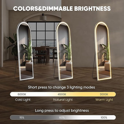 OLIXIS 16"x 60" Arched LED Full Length Mirror with Lights, Standing Lighted Floor Full Body Mirror with 3 Color Lighting, Wall Mounted Mirrors for Bedroom, Bathroom, Entryway with Tempered Glass