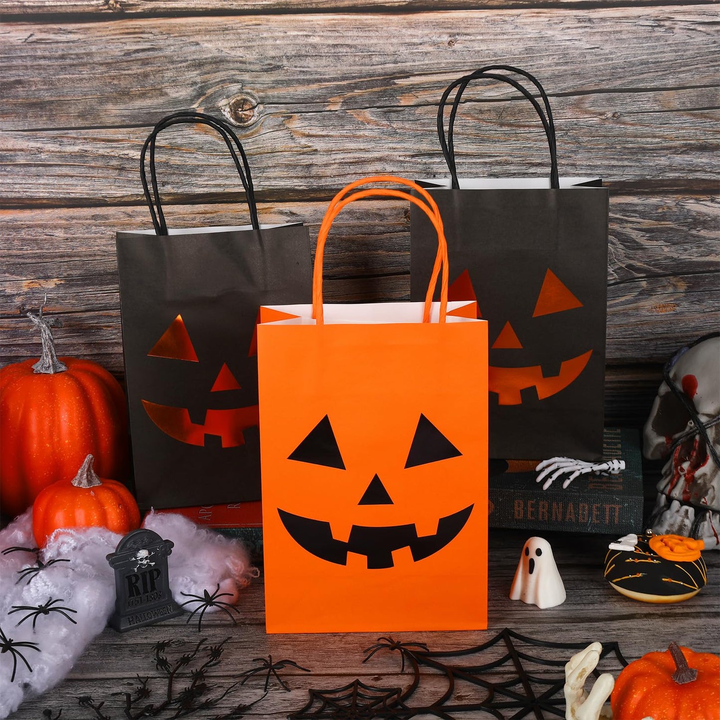 JarThenaAMCS 24Pcs Halloween Kraft Paper Bags with Handles Evil Pumpkin Gift Bags Orange Black Pumpkin Candy Goodie Bag for Birthday Trick or Treat Party Supplies