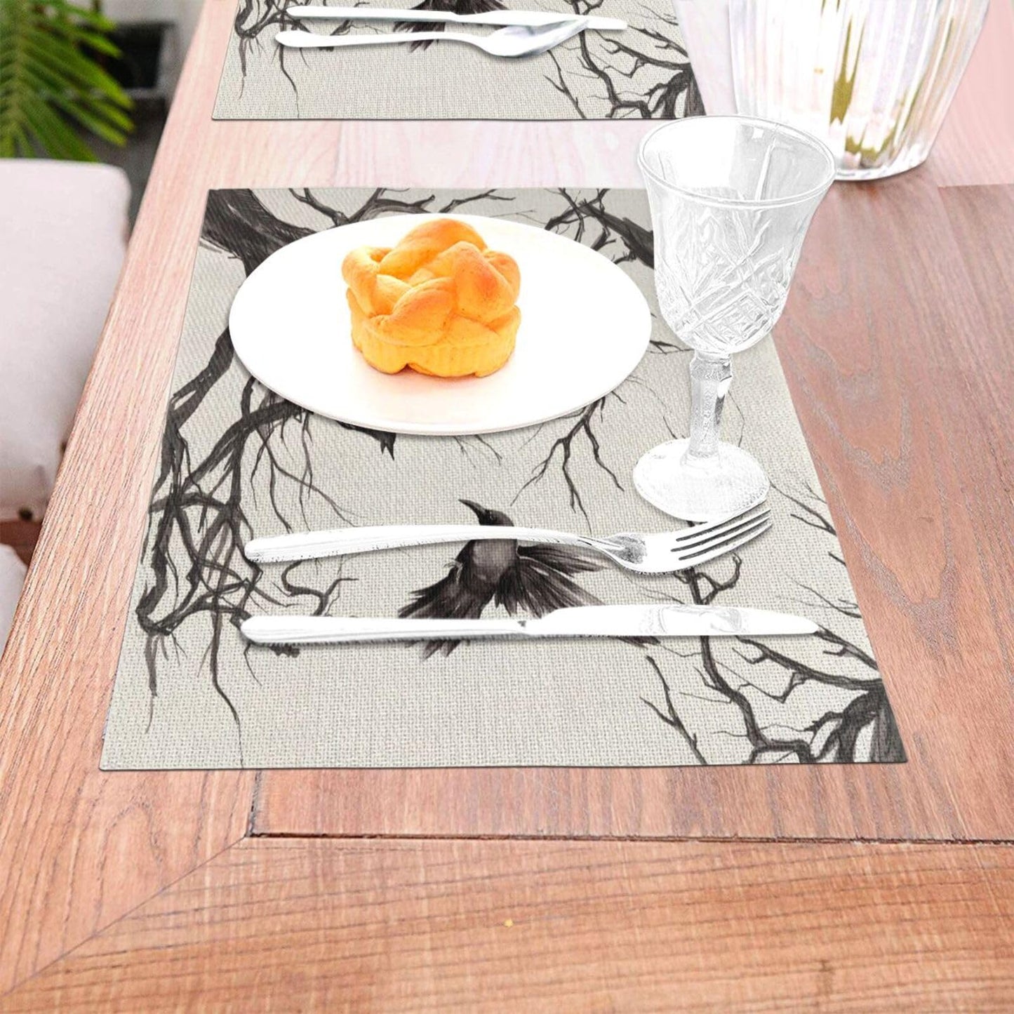 Halloween Placemats 12x18 Inches Set of 4,Black Crows Decorative Rectangle Autumn Halloween Decoration Fall Linen Black Table Mats for Party,Home Kitchen,Dining Table Decorn