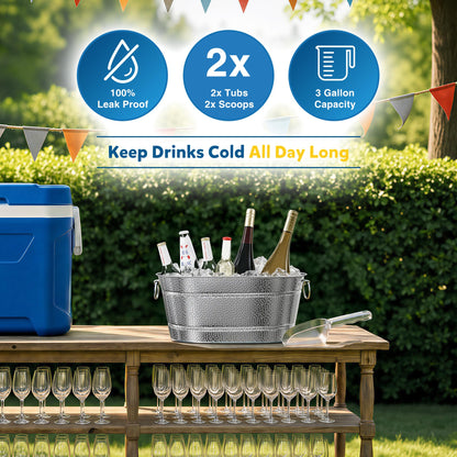 2 Pack Galvanized Tub with Handles - Beverage Tub with 2 Ice Scoops, 3 Gallon Ice Bucket for Parties, Metal Drink Buckets for Parties for Champagne Cocktails Wine Cooling for Mimosa Bar Supplies