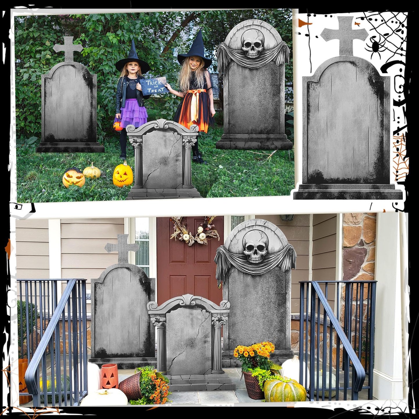 Leinuosen 3 Pcs 28"-48" Halloween Party Spooky Scenes Decoration Tombstone Cardboard Cutout Stand-up Spooky Tombstone Backdrop Photo Prop Standup Cutout for Halloween Party Yard Graveyard Decor Supply