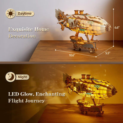 FUNPOLA LED 3D Wood Puzzle Fantasy Airship Model - Steampunk DIY Craft Kit with LED Lights – Intricate Wooden Airship Model Building Set for Teens and Adults(White)