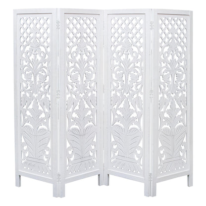 Room Divider Wood Screen Panel – White, 4-Panel Folding 64"x54", Hand-Carved, Reversible Privacy Partition, Decorative & Functional Portable Room Divider for Home or Office