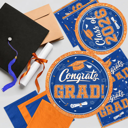 Gexlaju Graduation Plates and Napkins 2026,200pcs Orange and Blue Graduation Decorations 2026 Disposable Congrats Grad Paper Plates for Class Of 2026 Party Supplies,Serve 50