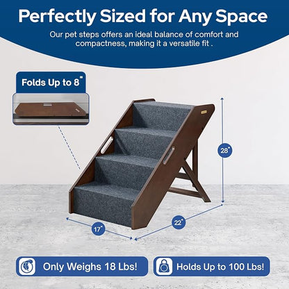Stakmore Wooden Pet Steps with 3 Adjustable Heights - No Assembly Foldable Pet Stairs for High Beds with Solid Hardwood Construction, Lightweight Cat, Dog Stairs & Steps, Espresso