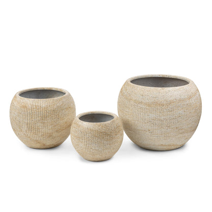 DEPLA LANE Marlo Fiberstone Round Planter (8.5" Pot Opening x 12.6" D x 9.8" H) Ribbed Finish, Lightweight, Durable, UV Resistant, Modern Home Decor, Indoor Outdoor Pot (S, Ribbed Travertine Beige)