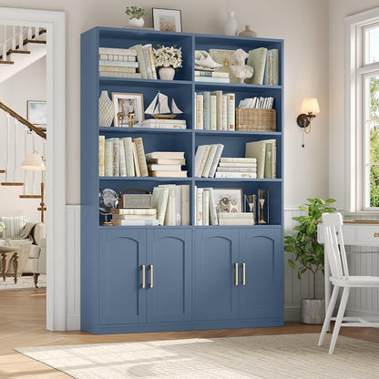 FACBOTALL Bookshelf and Bookcase with Doors, 6 Tier Double Wide Large Bookshelves, Open Display Shelves, 73'' Tall Bookshelf with Storage Cabinets for Home Office, Living Room, Library, Blue