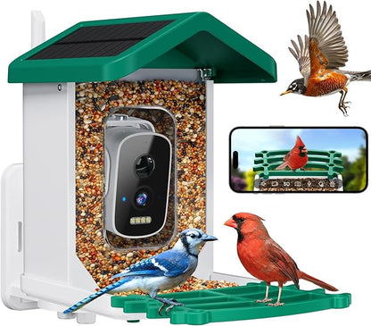 Smart Bird Feeder with Camera, AI Bird Species Identification Solar Powered Panel, 2.5k HD Video Bird House with Camera for Outside Garden, Ideal Gifts for Lover,Valentine's Day, Green