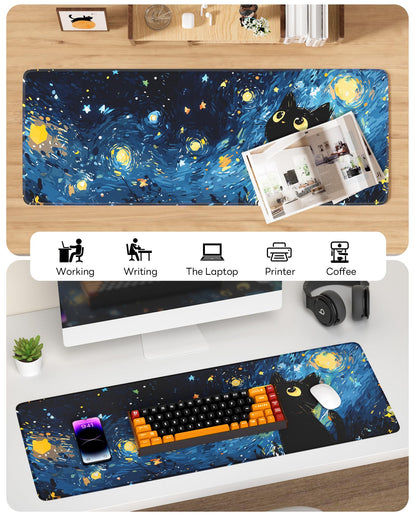 Velluxion Starry Night Cat Mouse Pad, 31.5 x 11.8 Large Desk Mat with Stitched Edges & Non-Slip Base, Mousepad for Office, Home, Work