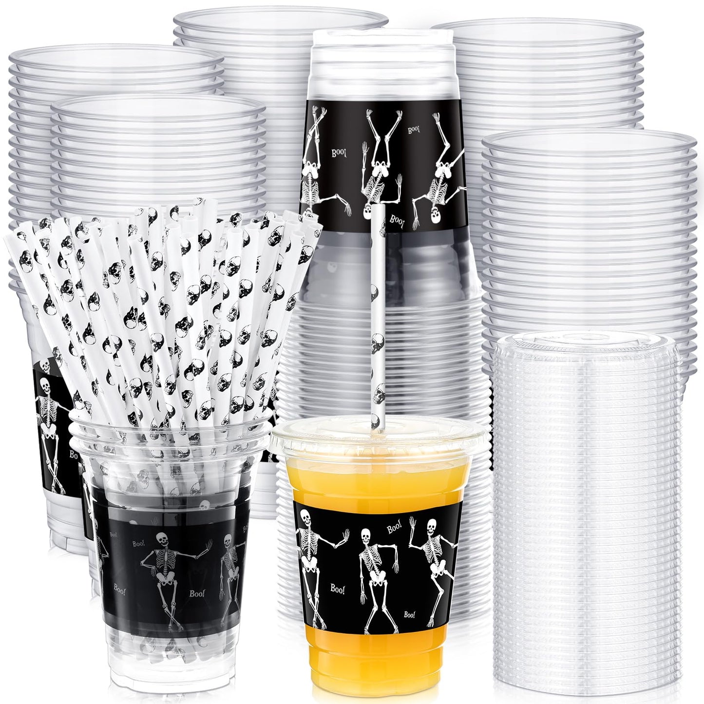 meekoo 50 Sets Skeleton Cup with Flat Lids and Straws 12 oz White Black Skeleton Bone Plastic Cups Clear Drink Disposable Cups with Lids for Halloween Decoration Mega Haunted House