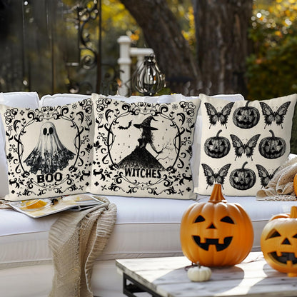GAGEC Halloween Pillow Covers 18x18 Inch Set of 4 Ghost Witches Gothic Throw Pillow Covers Pumpkin Butterfly Spooky Farmhouse Pillowcase Couch Cushion Case for Home Sofa Living Room Decor