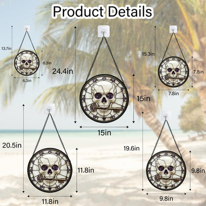 CRISGIF Stained Glass Window Hanging - Halloween Scary Skull Suncatcher for Doors Garden Home Spooky Purple Skeleton Key Sun Catchers Gothic Decor Horror Gifts for Women Men Friend Boy Girl 7.8 in