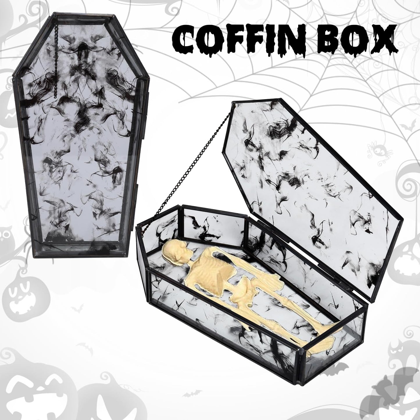 Afirst Halloween Glass Coffin Box with Lid, Halloween Candy Bowl, Vintage Gothic Storage, Jewelry Holder, Metal Frame