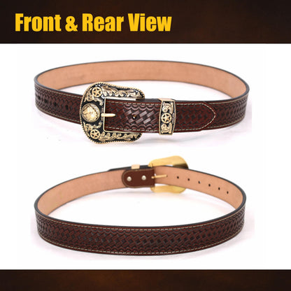 West Star Texas Cowboy Belt for Men - Genuine Leather Western Belt with Engraved Buckle, Country Rodeo Style (Coffee Basketweave, M)