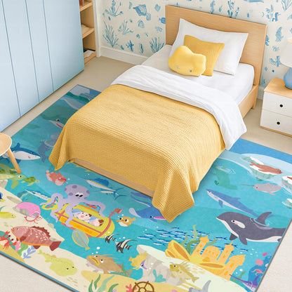 Ocean Themed Rug for Kids Room – 6x9 Blue Rug for Kids Room, Sea Creatures & Mermaid, Fish, Washable Non Slip Soft Carpet for Classroom, Bedroom or Playroom