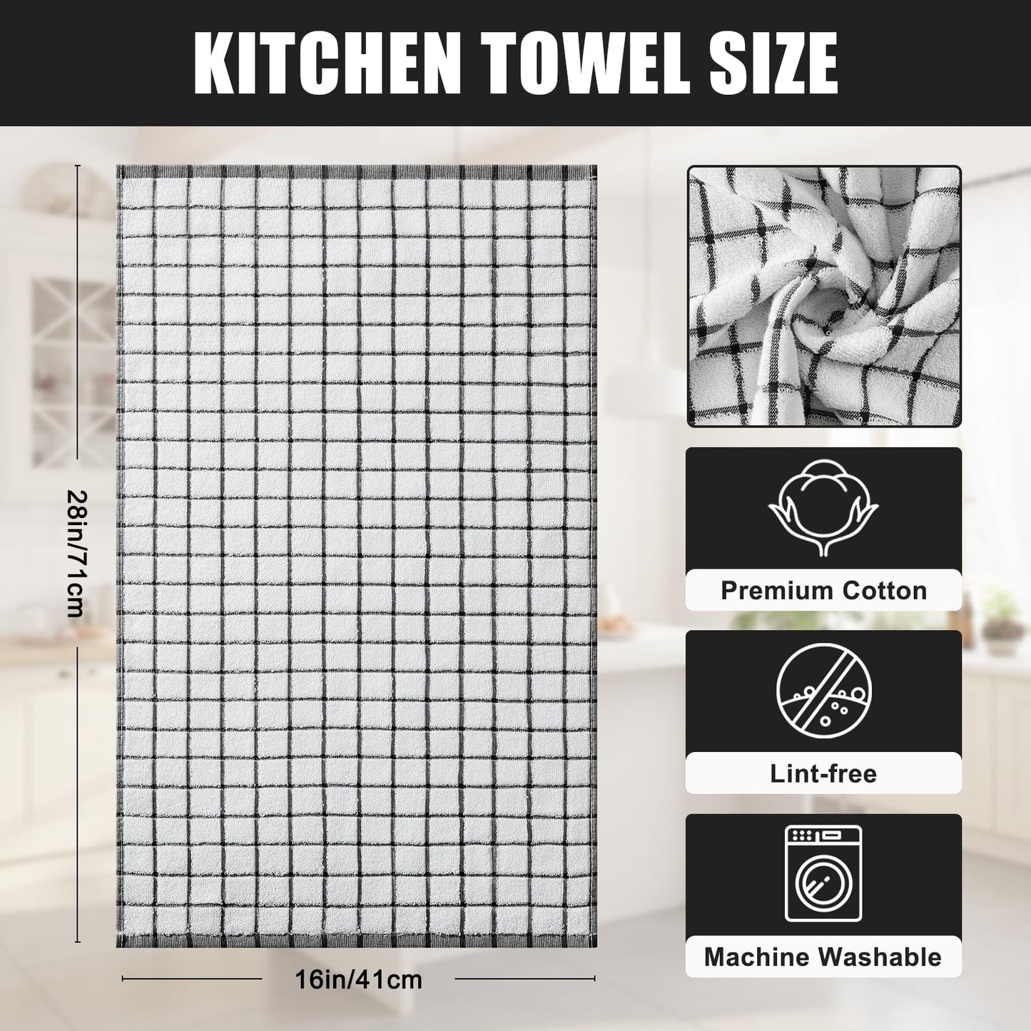 Homaxy Premium Kitchen Towels(16”x 28”, 6 Pack), Large Ring Spun Cotton Dish Towels, Super Absorbent Soft Terry Kitchen Hand Towels, Check Design Tea Towel Set with Hanging Loop, Black