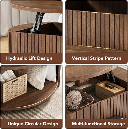 31.5" Round Lift Top Coffee Table with Storage, Fluted Mid-Century Modern Coffee Tables for Living Room, with Hidden Compartment, for Small Spaces & Home Office, Walnut