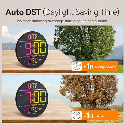 JALL 10" Large Digital Wall Clock with Remote, RGB Color, Big LED Display, Alarm Countdown Timer, DST, Temperature, Decor for Bedroom Living Room Gym Gaming Room, Easy to Read Clock for Seniors