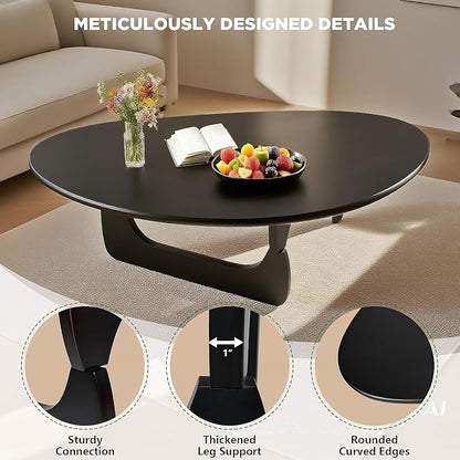 Solid Wood Triangle Coffee Table,Unique Mid Century Modern Oval Coffee Table,Irregular Geometric Tea Tables for Home Living Room with Wooden Tabletop and Reinforced Legs Black 35" L x 24" W x 16" H