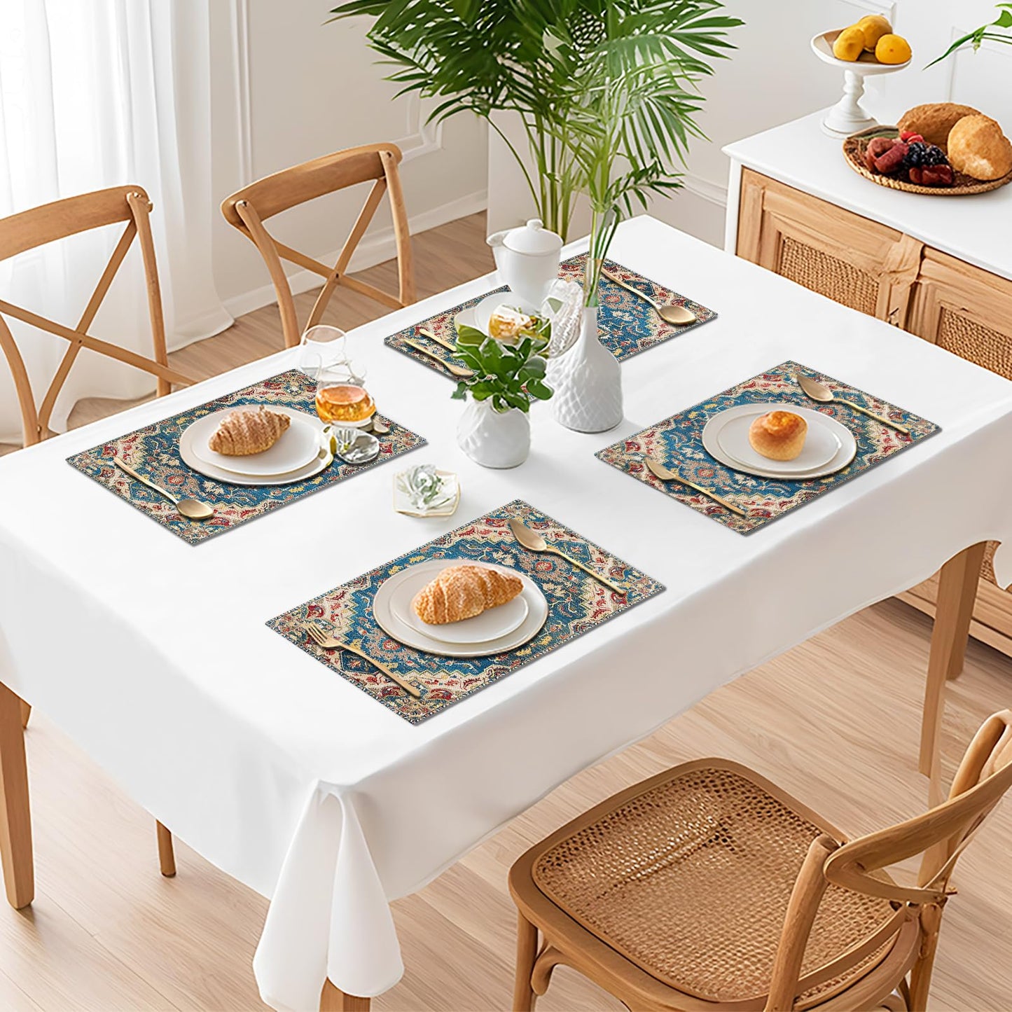 Kerton Stork Blue Cream Placemats Set of 8, Boho Bohemian Place Mats