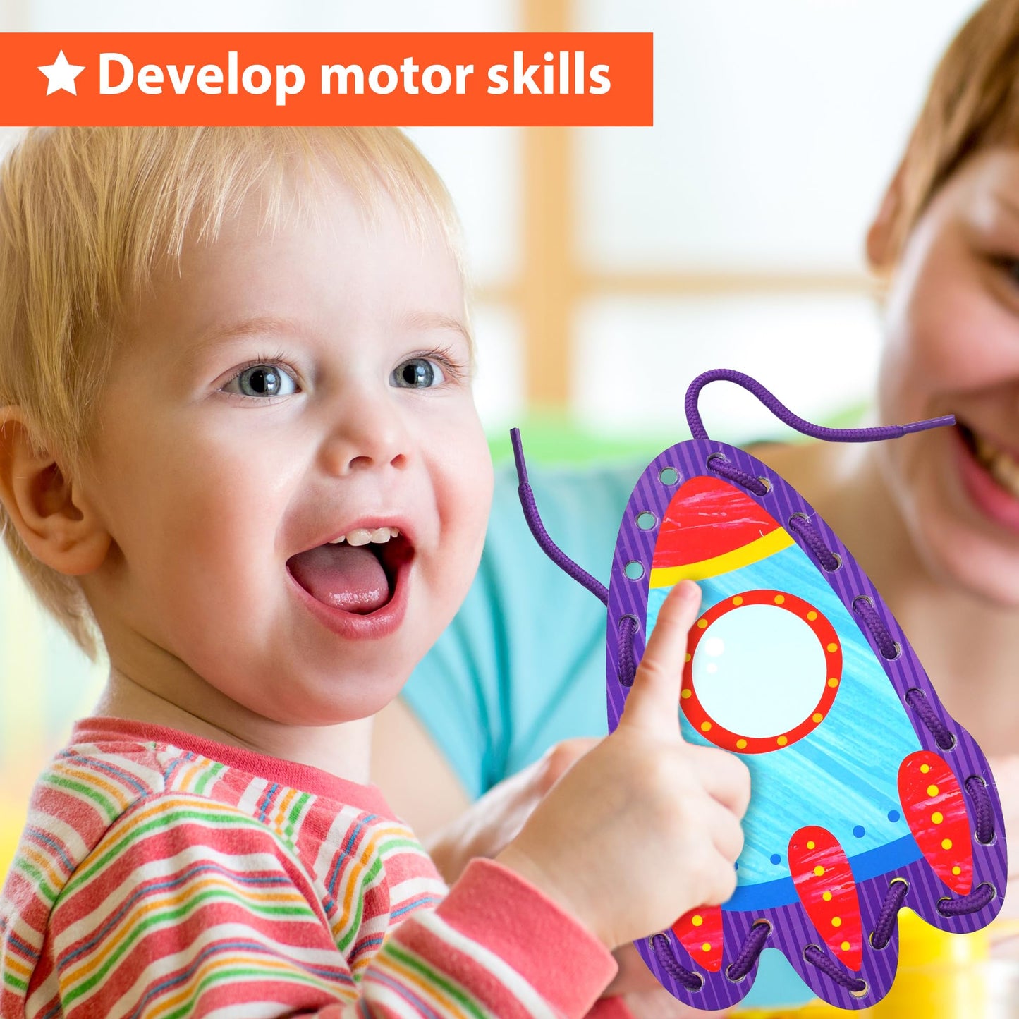 KRAFUN My First Lacing Cards Kit for Toddlers & Kids Age 3+, 5 Transport Vehicle Arts & Crafts Projects, Fine Motor Skills Toys, Beginner Activity Set with Car Rocket Train Plane Ship