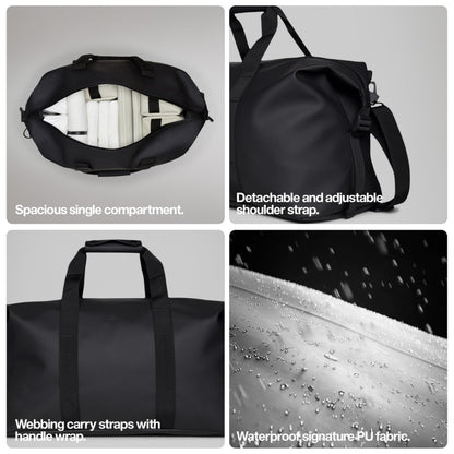 RAINS Hilo Weekend Bag Small - Black Waterproof Travel Duffel for Men and Women, Gym Carry On With Coated Zip, Shoulder & Compression Straps