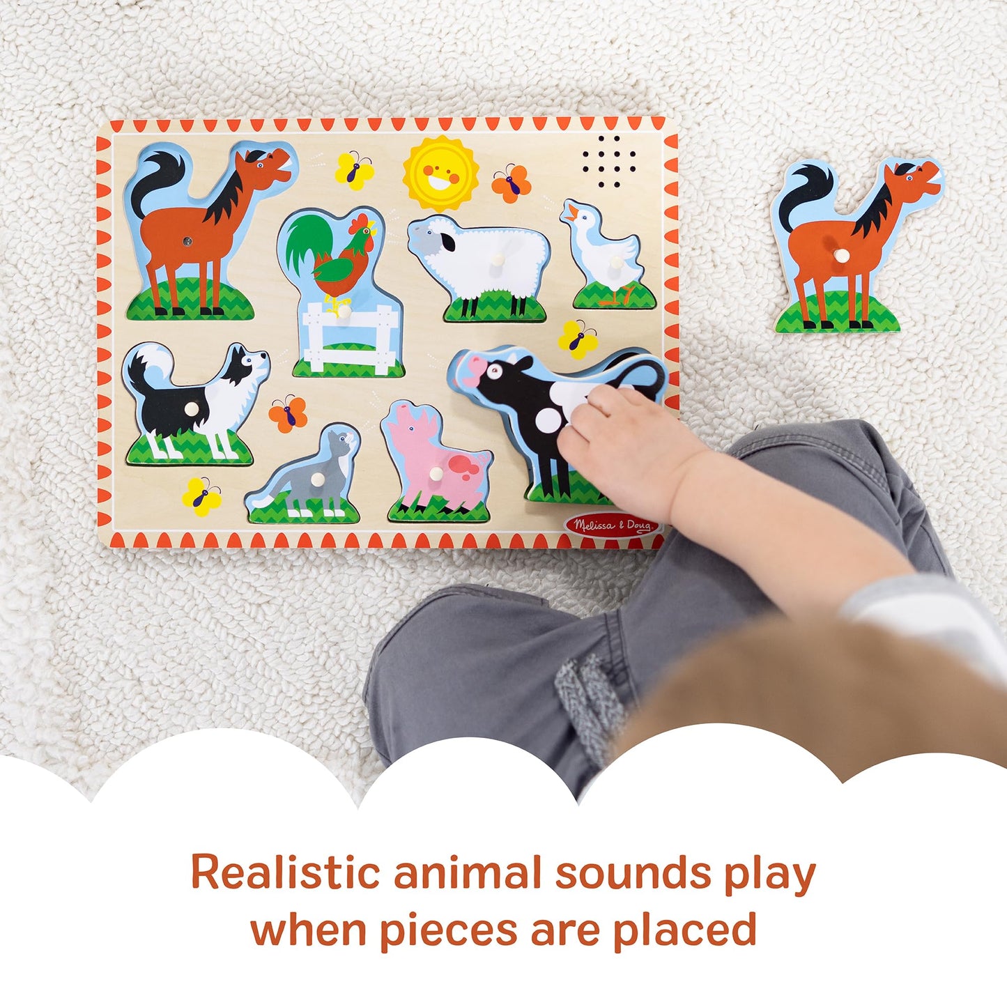 Melissa & Doug Farm Animals Sound Puzzle – 8-Piece Wooden Peg Puzzle with Light-Activated Sounds, Music Learning Toy for Toddlers and Preschoolers Ages 2+