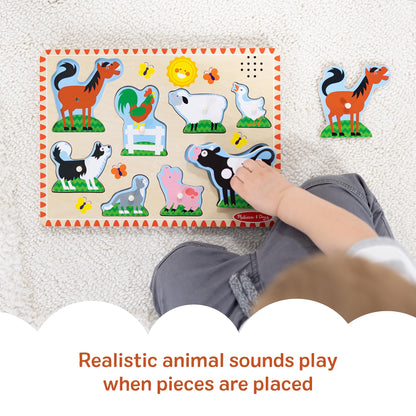 Melissa & Doug Farm Animals Sound Puzzle – 8-Piece Wooden Peg Puzzle with Light-Activated Sounds, Music Learning Toy for Toddlers and Preschoolers Ages 2+