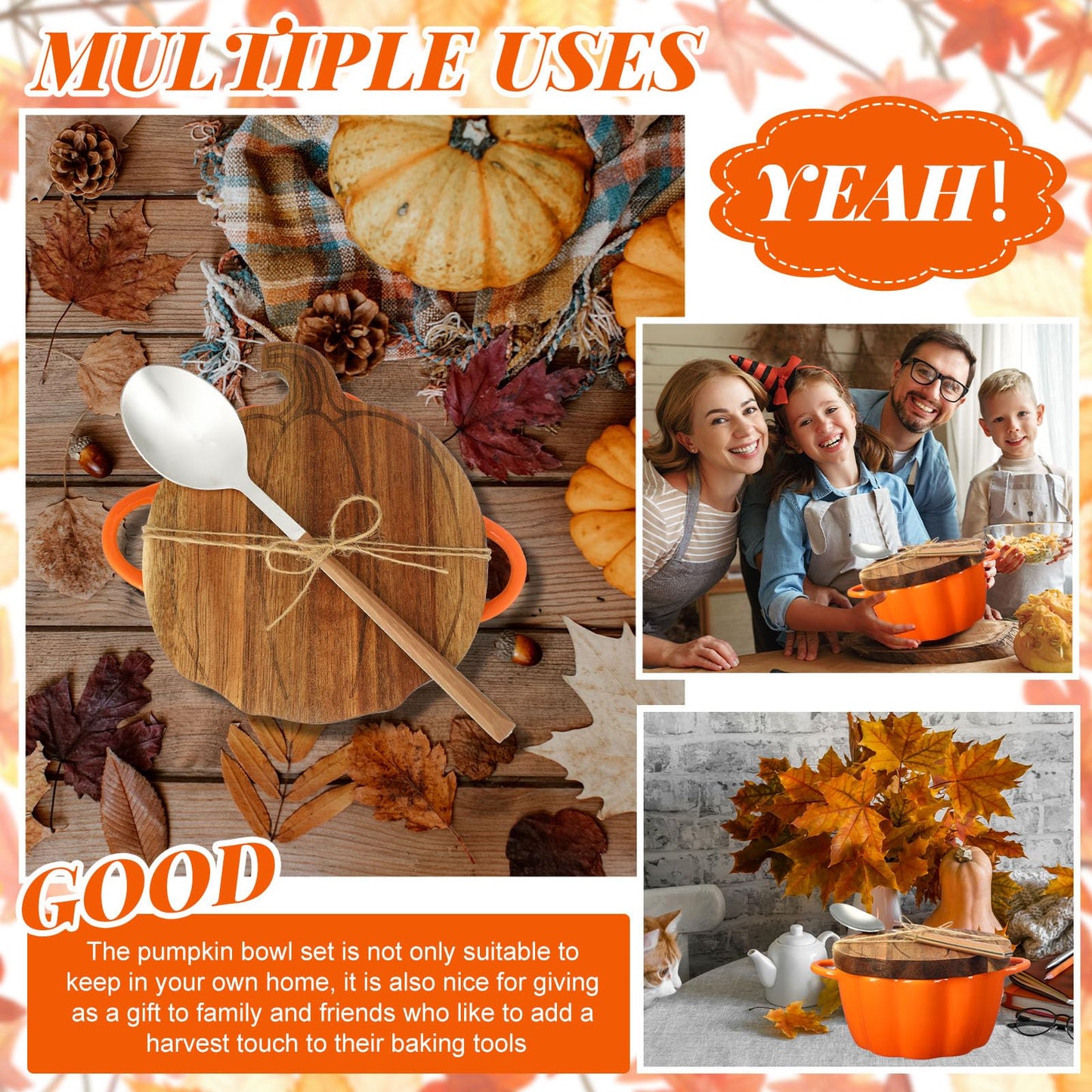 Mimorou 11 oz Pumpkin Pot with Carved Wooden Lid and Spoon Thanksgiving Pumpkin Bowl Orange Cute Cookware Soup Dish Safe Oven Pot with Wooden Lid and Handle for Fall Autumn Cooking Baking